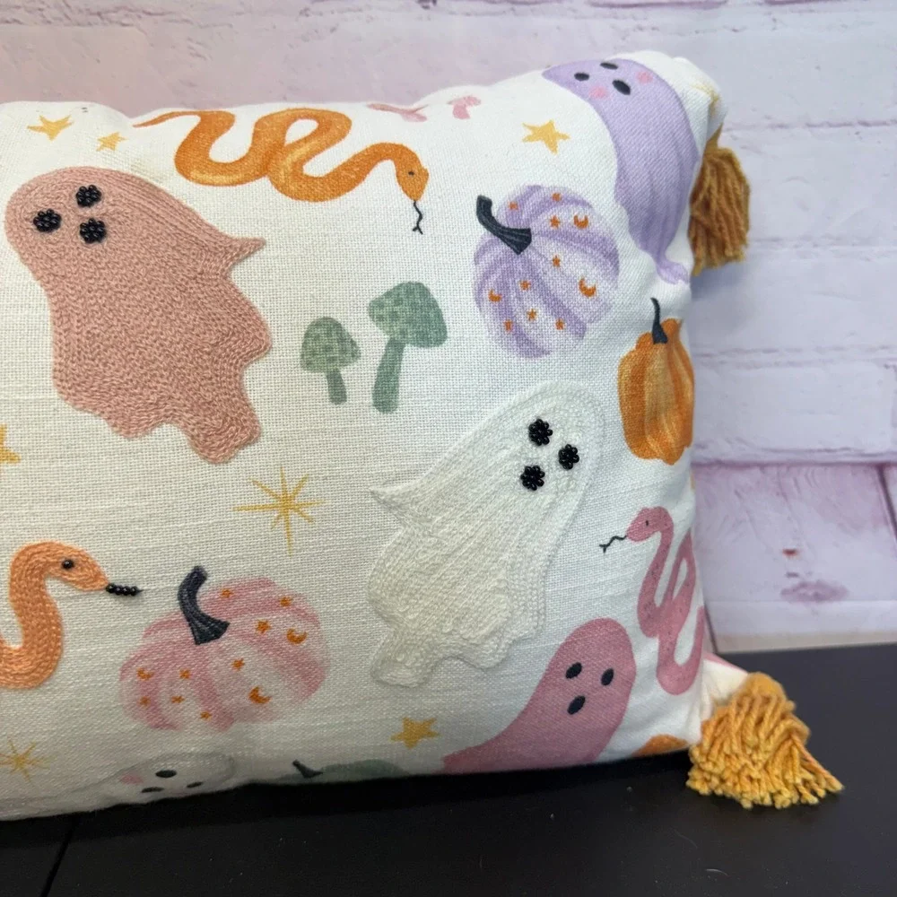 Pastel Halloween Embroidered Lumbar Pillow GhostSnake Pumpkin Tassel Decor 20x12